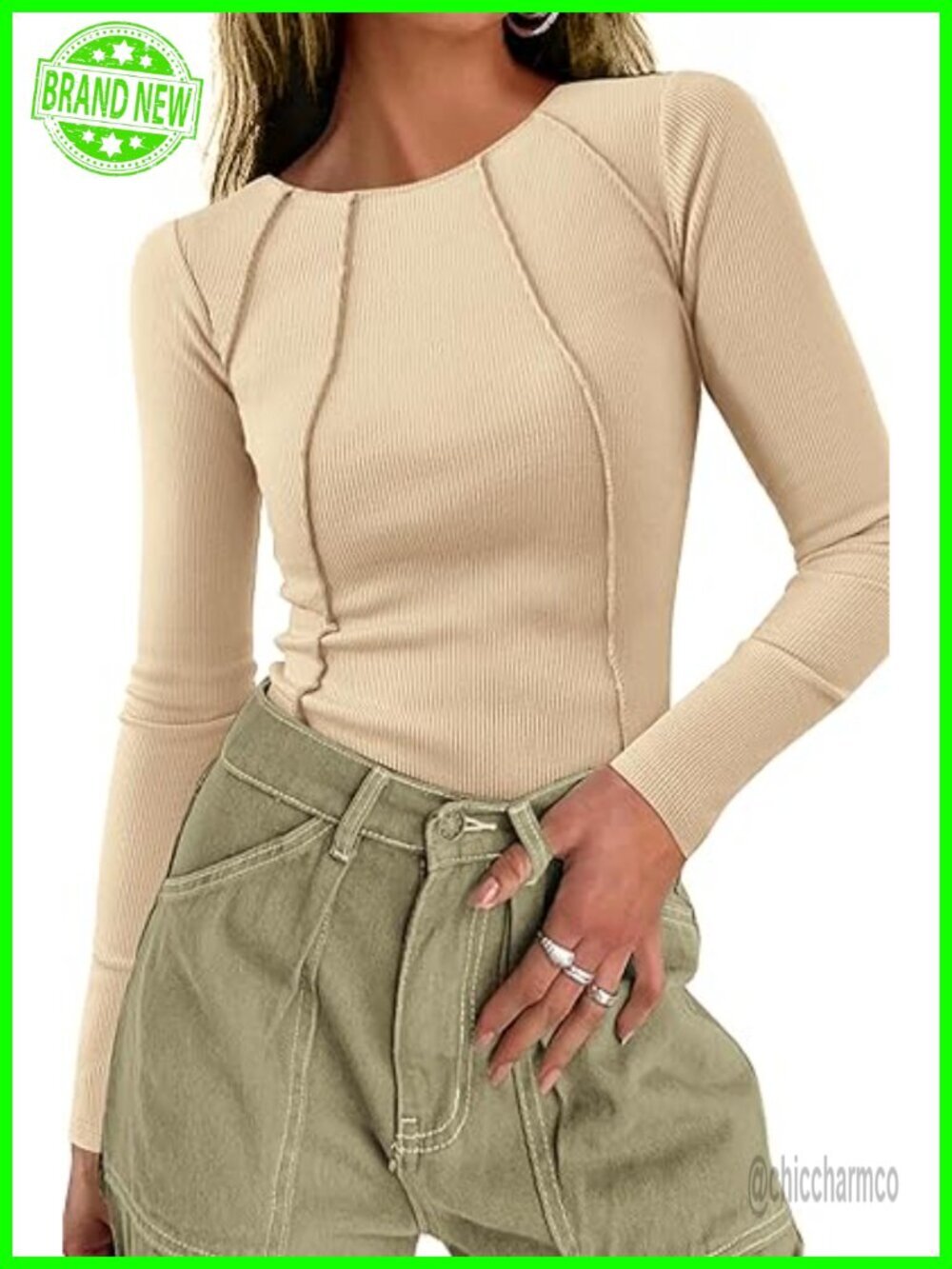 Ribbed Long Sleeve Crop Tee Exposed Seams Slim Fit Basic Tshirt